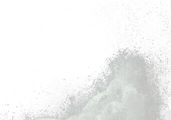 Explosion of snow falling down from sky or roof, heavy big small size snows. Freeze shot on black background isolated. Fluffy White snowflakes splash explode cloud up in mid air storm