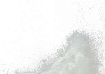 Explosion of snow falling down from sky or roof, heavy big small size snows. Freeze shot on black background isolated. Fluffy White snowflakes splash explode cloud up in mid air storm