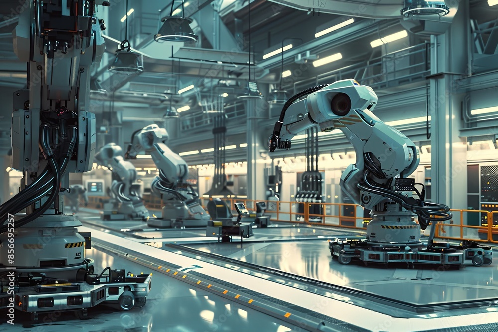 Poster a row of robotic arms perform automated tasks within a clean and efficient high-tech manufacturing p