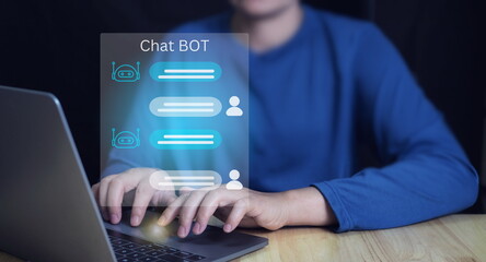 AI chat technology, Businessman use smartphone with virtual screen of AI chatbot communicate and answer questions.Businessman using AI chatbot conversation assistant in app