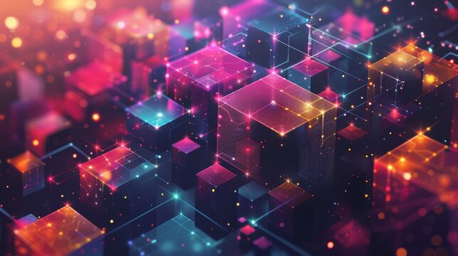 A graphic illustration of a blockchain technology concept with vibrant colors and geometric shapes