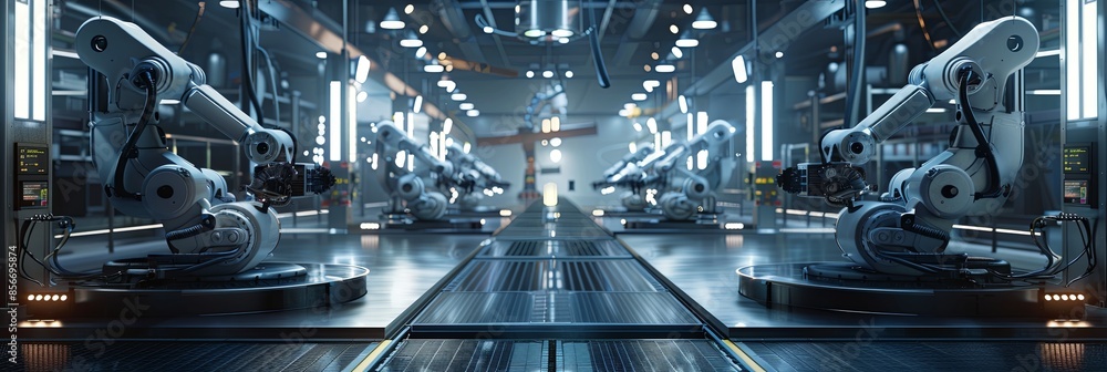 Poster Futuristic high-tech manufacturing plant with robotic arms working together on a production line, showcasing automation in modern industry. Generative AI