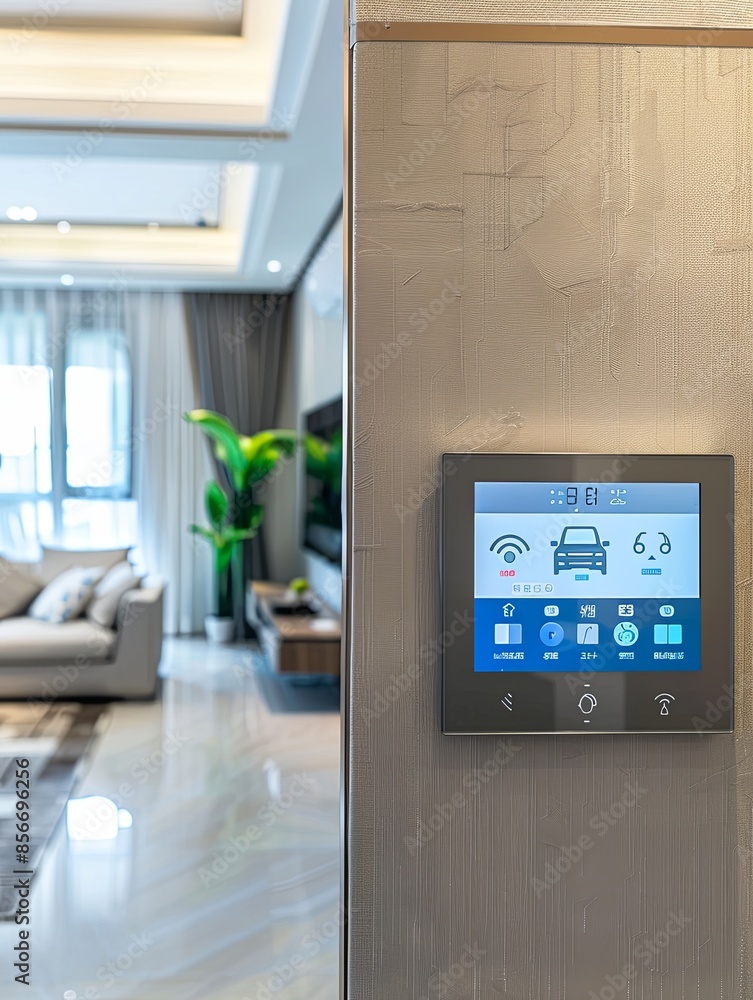 Poster in a modern smart home, a mounted control panel on the wall displays options for automation includin