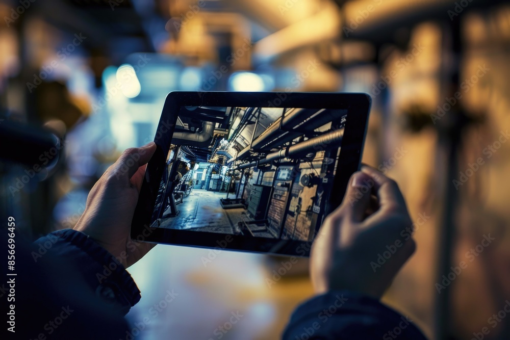 Poster a person holding a tablet with an image displayed, useful for showing digital content or displaying 