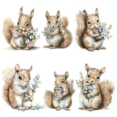 Cute squirrel, cute and dreamy, white background, watercolor style, adorable, big eyes, cute expression on face, baby squirrel, flowers