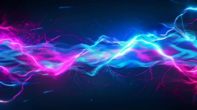 Vibrant streams of pink and blue neon lights intertwine against a dark background. Electric energy flows dynamically, creating a sense of movement and intensity.	