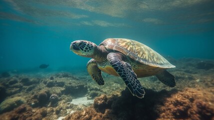 Obraz premium Sea turtle swimming near a coral reef