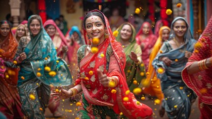 Fototapeta premium Indian women in colorful traditional attire dancing and throwing flowers during a vibrant festival celebration