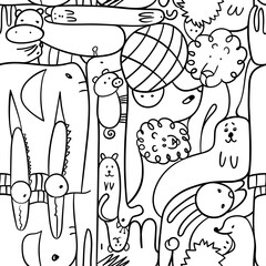 Seamless Pattern with cute cartoon characters in a white background. Vector illustration of a Zoo.

