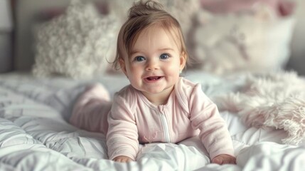 Naklejka premium Long Shots , Beautiful smiling baby girl on a white bed in a pink onesie , adobe lightroom filter , Ultra clear image, Add Copyspace