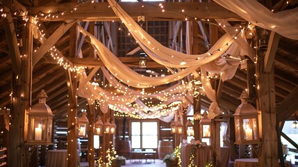 Obraz premium Rustic Barn Wedding Venue with Vintage Lanterns, Wooden Beams, and Fairy Lights for a Cozy and Romantic Atmosphere