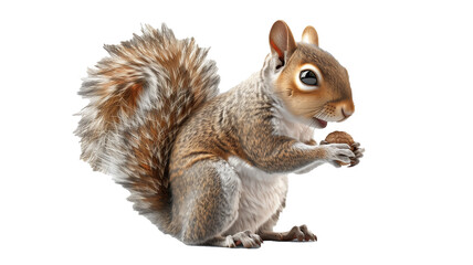 A realistic rendering of a small, curious-looking squirrel holding an acorn, on a white background.