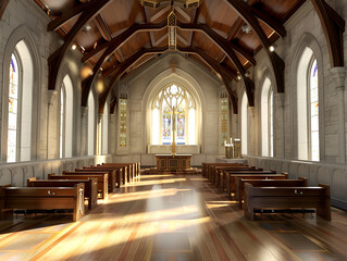 Empty large church cathedral,

Quiet church morning with sunlight streaming glass window
