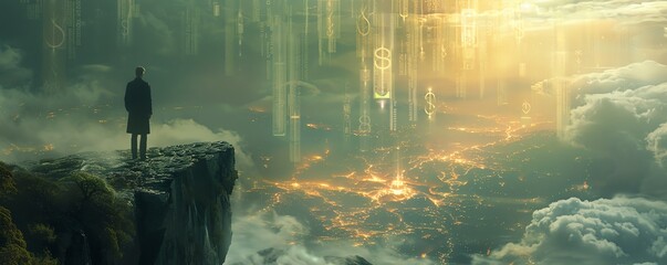 A lone figure stands on a cliff overlooking a mystical, ethereal landscape.