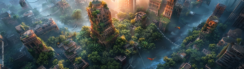 Wall mural aerial view of a futuristic city overgrown with nature. - Wall murals