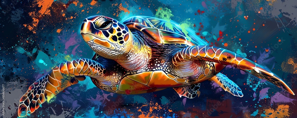Wall mural Colorful abstract painting of a sea turtle swimming in the ocean. - Wall murals