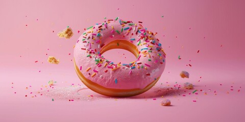 A delicious pink donut with colorful sprinkles on a bright pink background, perfect for a sweet treat or dessert inspiration