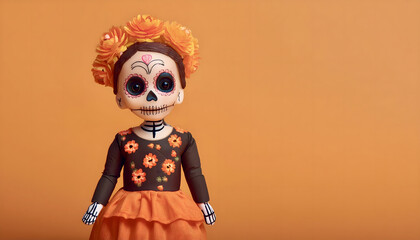 puppe, halloween, copy space, neu, marionette, scarecrow, schminke, muerte, muerta, manchen, kleid, kreativ, design, studio, atelier, solider, minimal, style, minimalismus, orange, blumen, floral, 3d,
