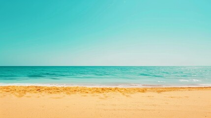 Fototapeta premium Serene Beachfront View, Perfect for Relaxation and Vacation Themes, Highlighting Blue Sky and Golden Sand, Ideal for Travel Ads