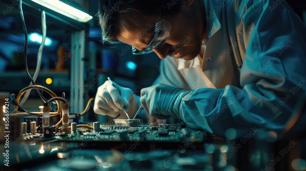 Poster Man in a lab coat assembling electronic components