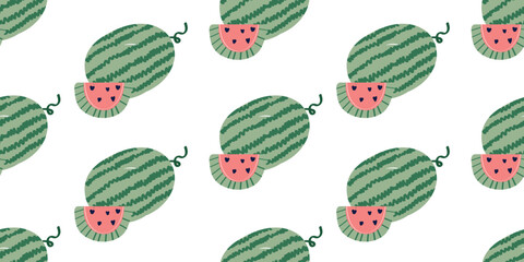 watermelon seamless pattern for summer background. Watermelon half and sliced. Design for decor. Wrapping paper or banner. Modern hand drawn vector illustration, flat style. Vector illustration
