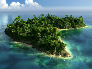 Small island with a boat in the middle of the water Fantasy hallelujah mountains,
A tropical island with palm trees on it


