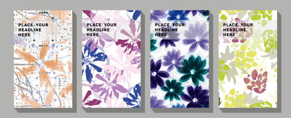 Abstract floral sale banners, spring and summer discounts cards, tropical flowers brochure. Spring green square backgrounds.