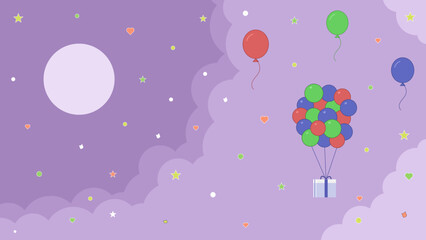 A celebration illustration with a gift, balloons, hearts, stars, and confetti are floating in the clouds.