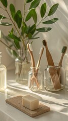 Eco-friendly bathroom setup with bamboo toothbrushes in glass jars, soap, and greenery in a bright, natural light setting.
