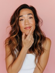 Fototapeta premium Portrait of a confident woman with long hair in front of pink background, touching her face and smiling warmly.