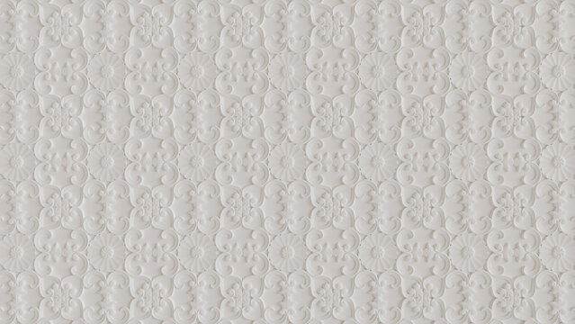 White 3D Stucco Pattern Background. Intricate Light Decorative Wallpaper.