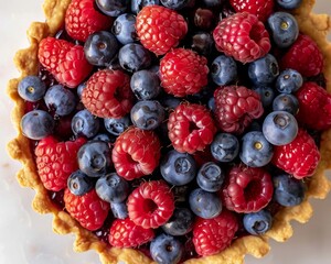 Aerial view of a delicious berry tart with a golden crispy crust, showcasing vibrant berries and a perfect lattice pattern