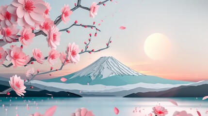 3D art paper wallpaper, Mount Fuji and cherry blossoms Landmarks of Japan, beautiful colors