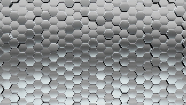 Silver, Hexagonal Tiles arranged to create a 3D, Background formed from Glossy, Polished blocks. 3D Render