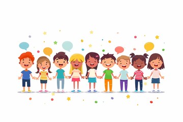 Fototapeta premium Happy diverse children holding hands, smiling, with colorful confetti and speech bubbles around them