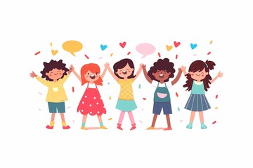 Fototapeta premium Happy diverse group of kids holding hands, celebrating friendship and unity with confetti.