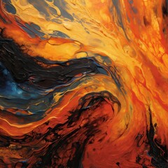 Dynamic Abstract Painting with Bold Swirls of Fiery Orange, Molten Gold, and Deep Blue Hues, Capturing the Intensity Fluidity of Lava Flow in Motion, Unique Art Background, 300dpi
