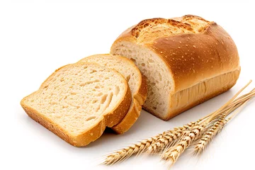 Gordijnen A loaf of freshly baked bread with two slices and wheat stalks on a white background. © eaglesky