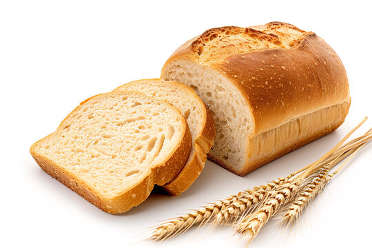 A loaf of freshly baked bread with two slices and wheat stalks on a white background.
