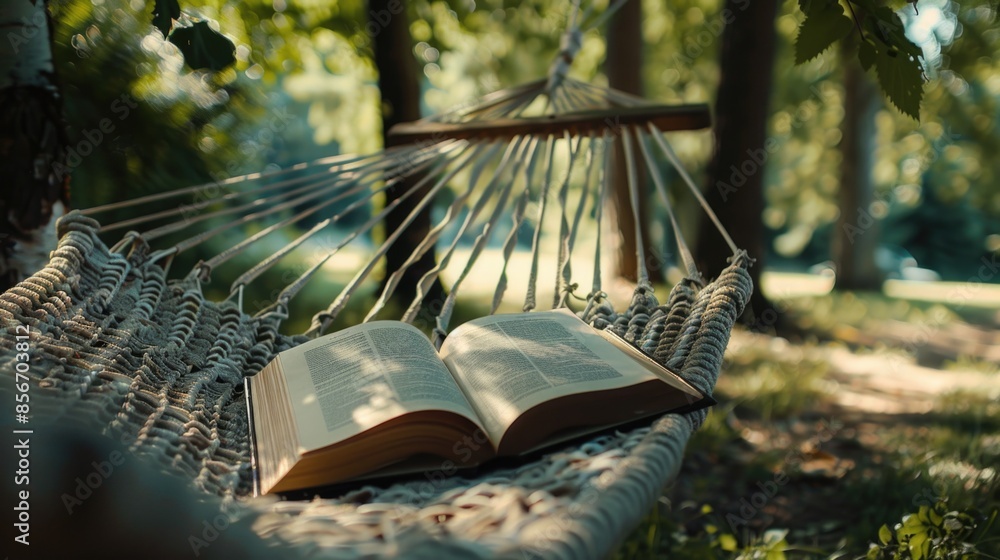 Poster an open book lying in a hammock in the shade, perfect for relaxation and reading