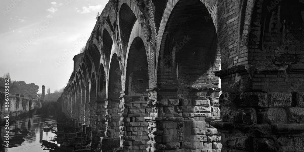 Wall mural A classic black and white photograph of a bridge, suitable for use in various contexts including architecture, design, and art