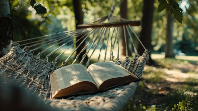 An open book lying in a hammock in the shade, perfect for relaxation and reading