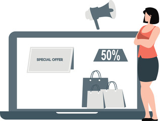 A girl is standing near laptop.