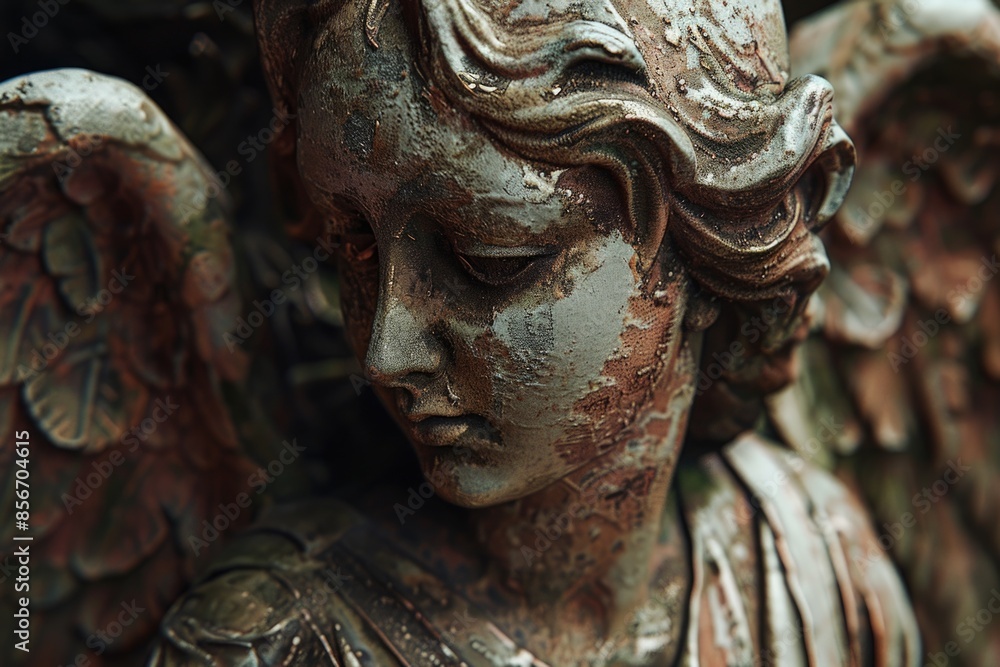 Poster a detailed view of a statue of an angel, suitable for use in various contexts