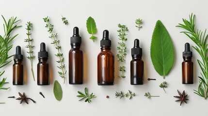 Assorted cosmetic bottles and natural herbs, top view, organic skincare and beauty products on a white background, isolated, studio lighting, for advertising