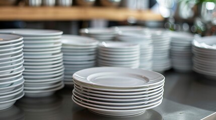 Obraz premium Beautifully presented stacks of plates and serving dishes in a sleek catering environment, ready to be used, raw and polished look