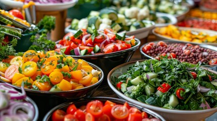 Catering and event planning concept, colorful salad buffet with fresh vegetables, perfect for events, raw and detailed presentation