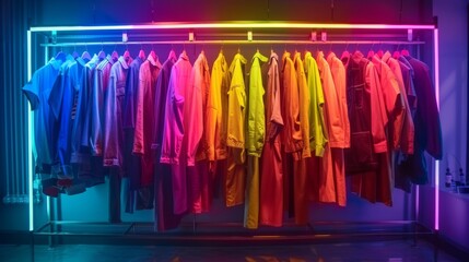 Clothes rack bursting with vibrant colors under neon lights, showcasing a rainbow spectrum of fashion, bold and dynamic, raw style