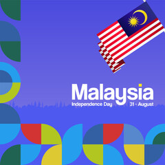 Malaysia Independence Day banner in modern geometric style. Square banner for website and post with typography. Background for National holiday celebration. Happy Independence Day of Malaysia