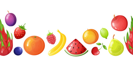 Cartoon fruits and berries seamless horizontal border. Summer promo banner template.